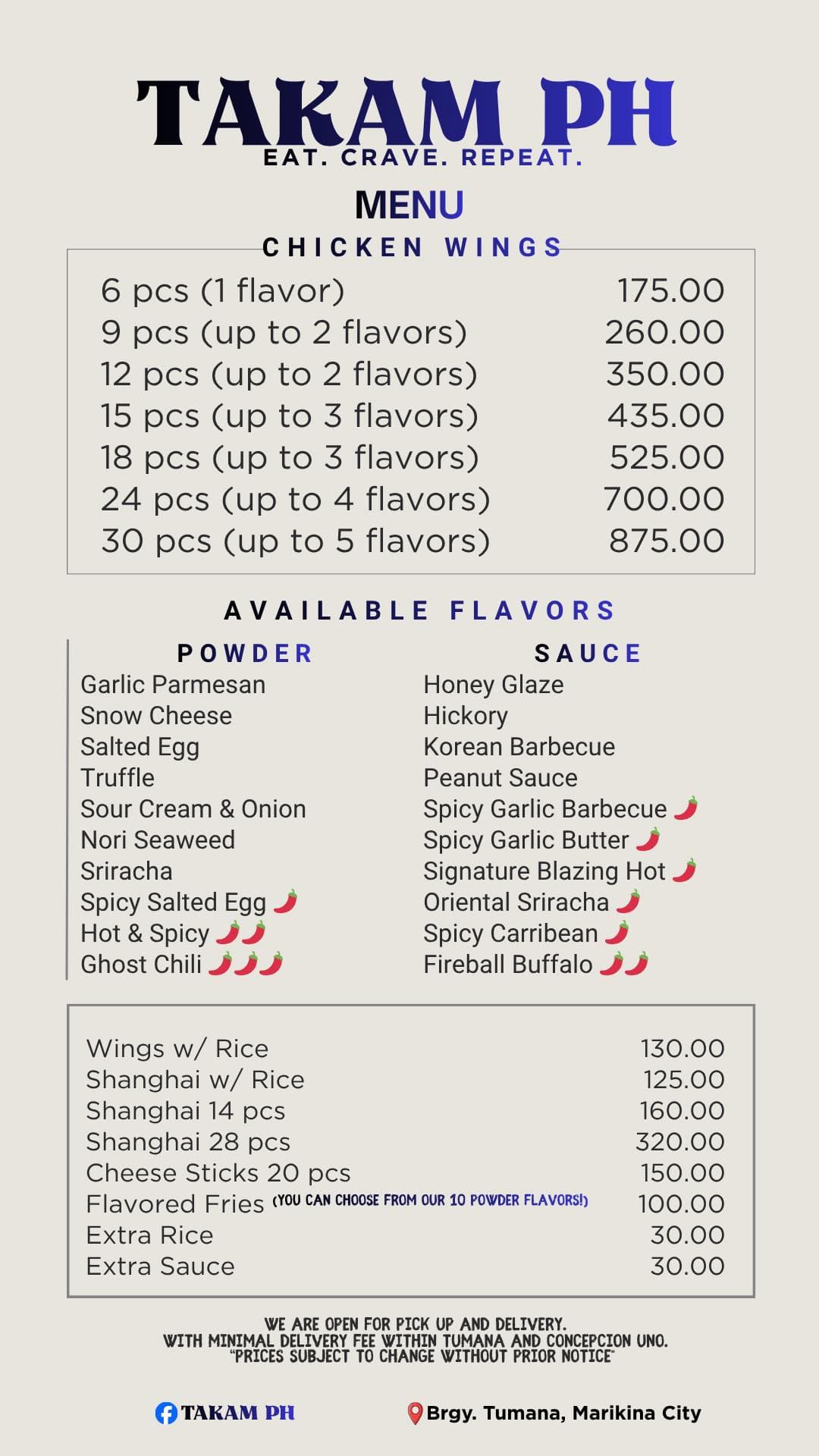 Takam PH menu poster showing chicken wings, flavors, rice meals, and location details.